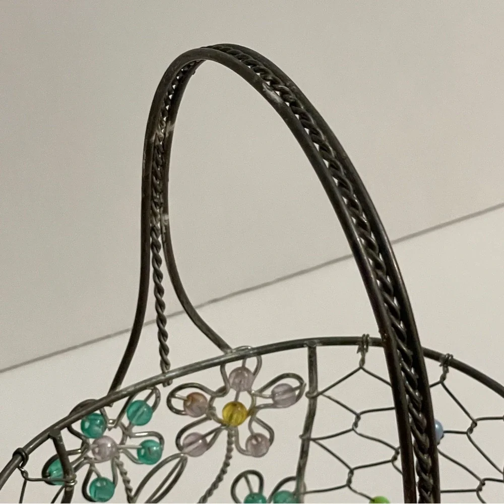 Vintage Metal Wire Basket, Pink & Green Beaded Daisies Flowers, silver tone